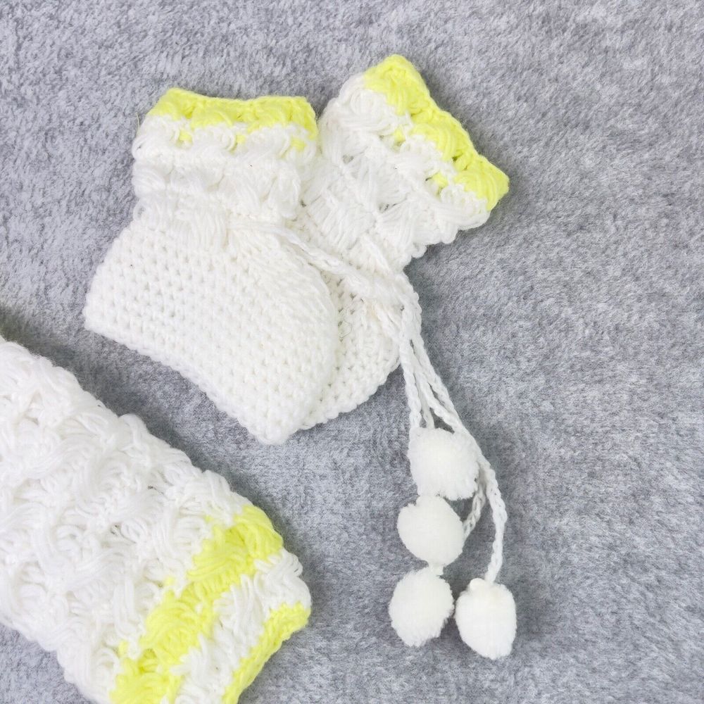 Vintage Handmade Yellow White Knit Baby Set Outfit Dress  Booties Bonnet Doll - Picture 8 of 14